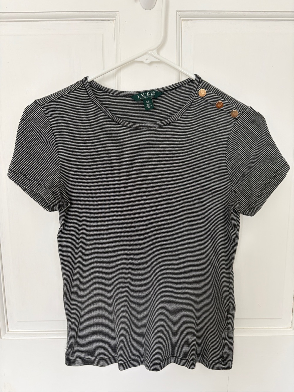 Ralph Lauren Black & White Striped Short-Sleeve Tee with Shoulder Buttons